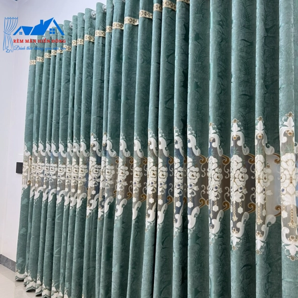 Rèm Vải Gấm Thêu Cổ Điển Màu Xanh Đậm