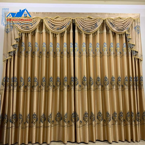 Rèm Vải Gấm Thêu Cổ Điển Hoa Văn Vàng Sang Trọng