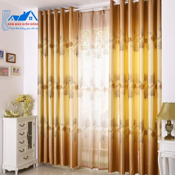 Rèm Vải Gấm Thêu Hoa Văn Vàng Nâu